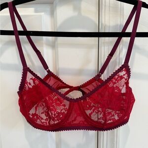Natori Elegant Red Lace Underwire Bra with Purple Straps